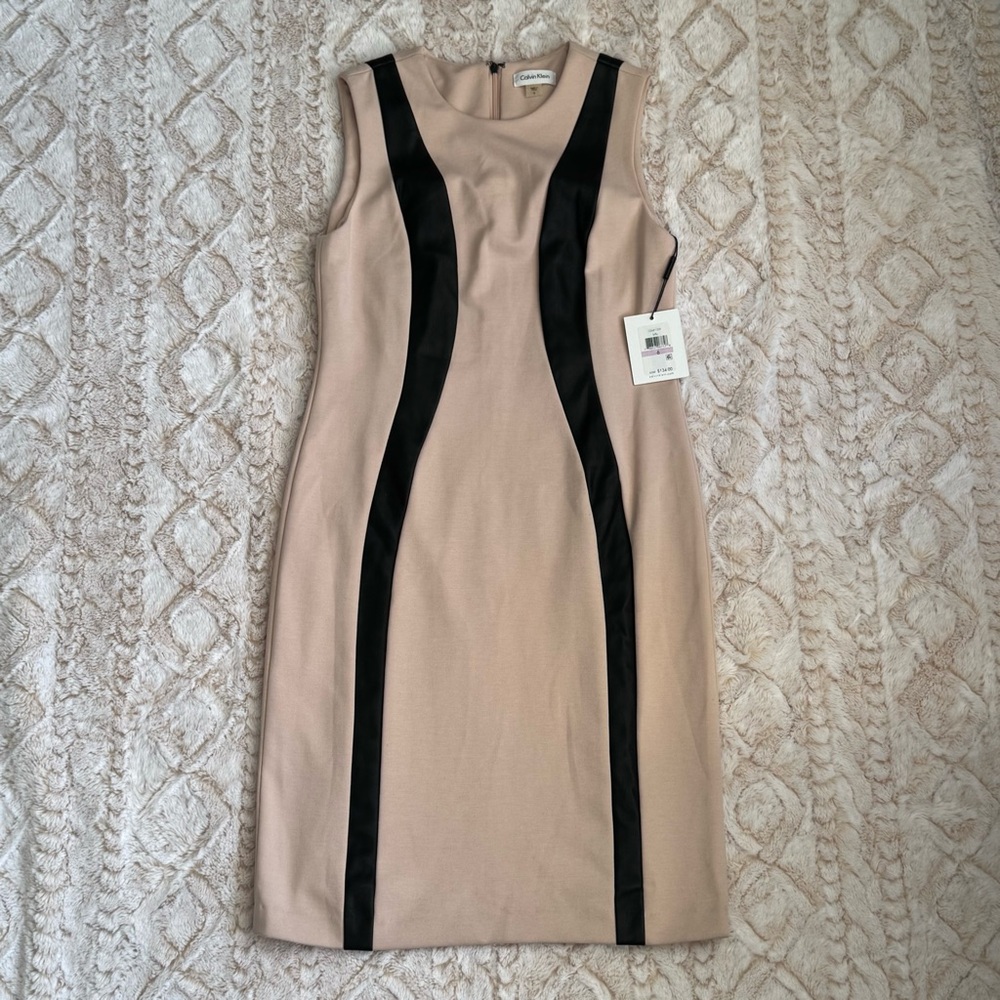 Calvin Klein Blush Pink Black Leather Accent Sheath Bodycon Midi Dress Size 6
